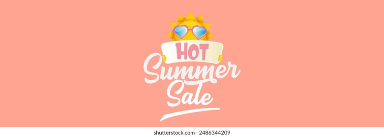 Summer Sale horizontal wide web banner. summer happy sun character holding sign or banner with special offer sale text isolated on soft pastel pink horizontal background. Summer sale