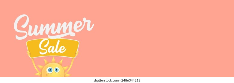 Summer Sale horizontal wide web banner. summer happy sun character holding sign or banner with special offer sale text isolated on soft pastel pink horizontal background. Summer sale