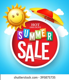 Summer Sale Hot Discount in Red Circle Floating with Umbrella and Happy Sun in the Cloudy Sky for Summer Promotion. Vector Illustration
