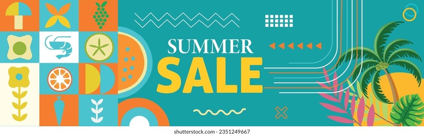 Summer sale, hot season symbols in geometry style.Posters,flyers design for covers,web,invitation for shopping.Template offer of big discounts deals.