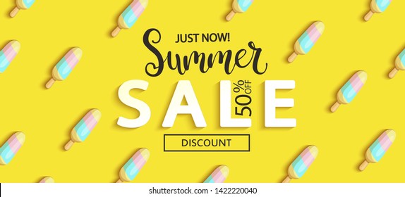 Summer Sale ice cream banner on yellow background, hot end or mid season 50 percent discount poster.Invitation for shopping, special offer card, template design for promotions. Vector illustration.