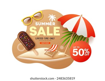 Summer sale, ice cream chocolate holiday present, discount offer, poster flyer design brown background, Eps 10 vector illustration