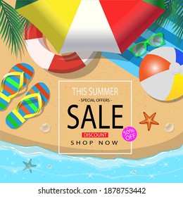 Summer sale with icon for advertising beach background. Art and craft style. Use for ads, banner, poster, card, cover, stickers, badges, illustration design.