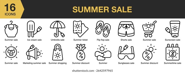 Summer Sale icon set. Includes summer, holiday, sale, poster, beach, tropical, and More. Outline icons vector collection.