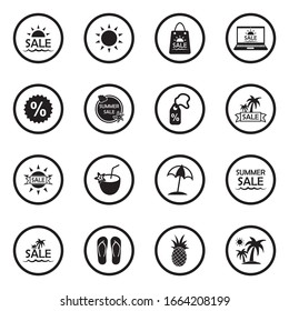 Summer Sale Icons. Black Flat Design In Circle. Vector Illustration.