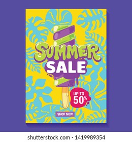 Summer Sale Illustration with Popsicle, Beach and Tropical Leaves Background
