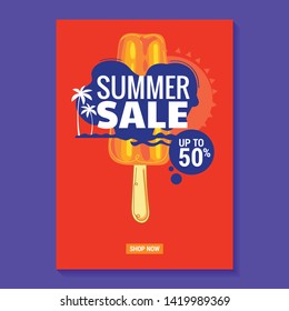 Summer Sale Illustration with Popsicle, Beach and Tropical Leaves Background