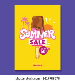 Summer Sale Illustration with Popsicle, Beach and Tropical Leaves Background