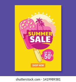 Summer Sale Illustration with Popsicle, Beach and Tropical Leaves Background