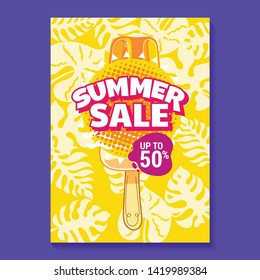 Summer Sale Illustration with Popsicle, Beach and Tropical Leaves Background