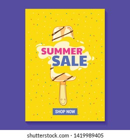 Summer Sale Illustration with Popsicle, Beach and Tropical Leaves Background