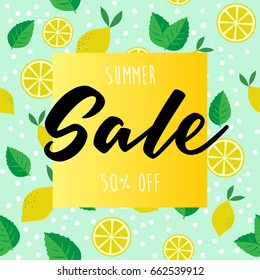 Summer sale illustration template with lemons and mint leaves
