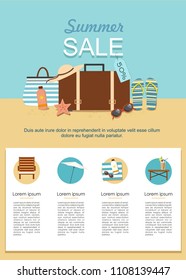Summer Sale infographic. Suitcase and Beach Accessories on sand. Vector illustration