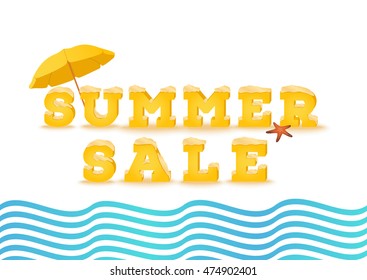 Summer sale inscription in 3d style isolated on white background. Phrase made of summer font with sand pile text effect. Summer outlet, clearance, total sale concept. Vector illustration.