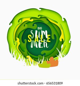 Summer sale. Inscription against the bright background of the circles. Vector illustration. Paper art cut ad design. Modern banner for season offer