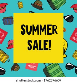 Summer sale. Inscription on colorful background with flying goods seamless pattern. Invitation for buyers to seasonal summer autumn sale. Men travel beach fashion. Clothes and acsessories for journey.