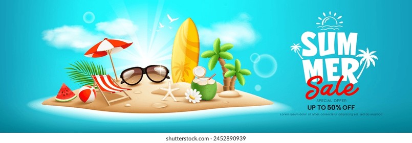 Playa de la isla, tabla de surf, pila de arena, cocotero, sandía, sombrilla de playa, silla de playa, bola de playa, fruta de coco, diseño de Anuncio, sobre fondo azul nublado, EPS 10 Ilustración vectorial