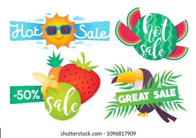 Summer sale, isolated label, logo, icon and element. Summer flyers, tags, voucher discount. Tropical, travel, sun and beach. Vector template.