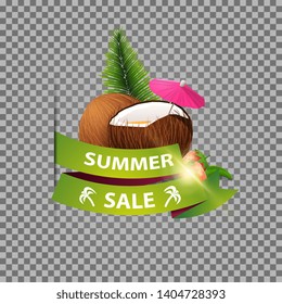 Summer sale, isolated web banner with ribbon and strawberry cocktail in coconut