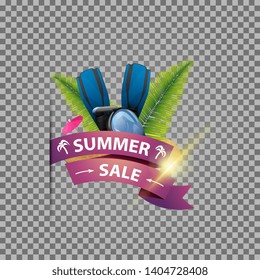 Summer sale, isolated web banner with ribbon, diving mask, fins and palm leaves