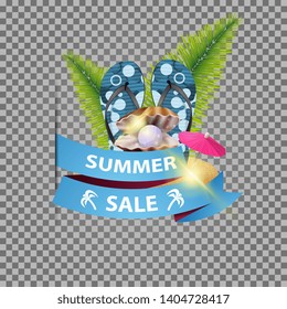 Summer sale, isolated web banner with ribbon, flip flops, pearl and palm leaves