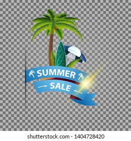 Summer sale, isolated web banner with ribbon, palm, coconuts, beach umbrella and surf Board