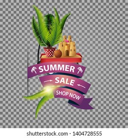 Summer sale, isolated web banner with ribbon, garden cart with sand, sand castle and potted palm