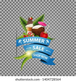 Summer sale, isolated web banner with ribbon, coconut cocktail, strawberry, raspberry, cherry and ice cream on palm leaf