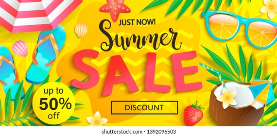 Summer sale, just now discount banner. Promote up to 50 per cent price off. Invitation for new mid and end of season offers. Template for your design in shops, stores, retails. Vector illustration.