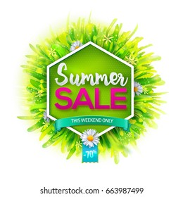 Summer sale label. Geometric background with realistic green grass and flowers. Vector illustration. Hand drawn typography sales offer. Best for posters, banners, tag and over advertising.