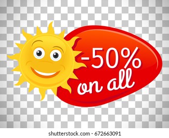 Summer sale label half price with smiling sun vector isolated on transparent background