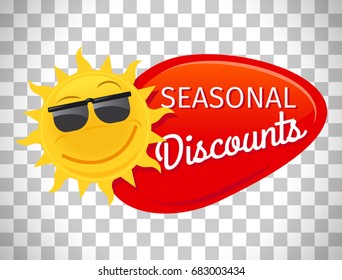 Summer sale label seasonal discount with smiling sun vector isolated on transparent background