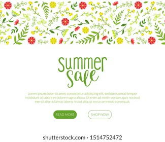 Summer Sale Landing Page with Beautiful Flowers Pattern, Website or Mobile App Template Vector Illustration