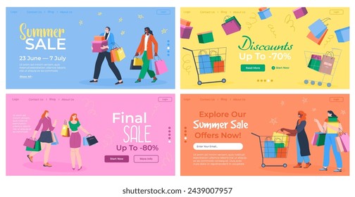 Summer sale at landing page set, online store offer. Flat man woman character at shopping, final sale with big discount, vector illustration. Website store collection with special price