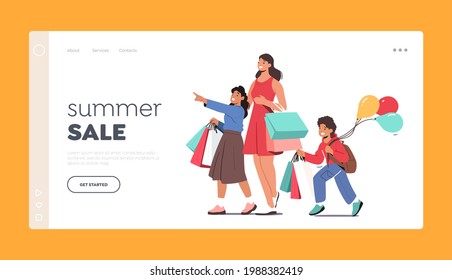 Summer Sale Landing Page Template. Family Shopping, Woman and Children Visit Store for Buying. Kids with Balloons and Mother Holding Paper Bags, Son and Daughter with Mom. Cartoon Vector Illustration