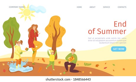 Summer sale landing page, vector illustration. Online store of family clothing season discount. App to buy end of summer goods on sales. Parents with kids in autumnal park. Final price.