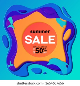 Summer sale landscape of the sea with dolphins at sunset in paper cut background. Nature summer concept. Abstract realistic paper decoration for design textured with cardboard wavy colorful layers