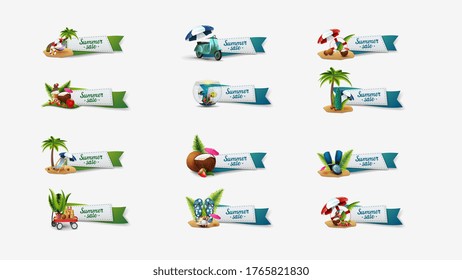 Summer sale, large collection clickable discount banners of ribbons with summer icons isolated on white background. Summer Sale Banners, set of discounts
