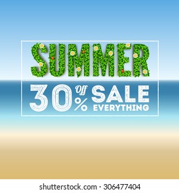 Summer sale. Large letters with green foliage and an inscription in the form of a stamp