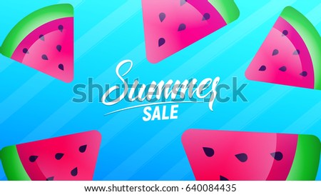 Summer sale layout for banner, advertisement, card, poster etc. Background with watermelons, trendy stripes, gradient background and lettering