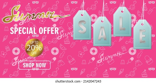 Summer Sale - layout of banner on pinc background. Vector illustration