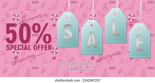 Summer Sale - layout of banner on pinc background. Vector illustration