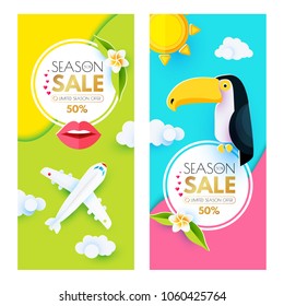 Summer Sale Layout Design Template Set. Paper Art. Season Offer Banner with Toucan, Plumeria, Plane, Lips, Clouds, Circle Banners and Decorative Elements. Exotic Travel. Vector illustration