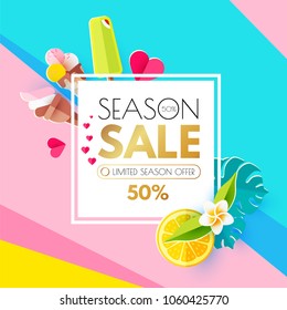 Summer Sale Layout Design Template. Paper Art. Season Offer Banner with Square Banner, Icecream, Hearts, Plumeria, Monstera Leaves, Citrus and Decirative Elements. Vector illustration