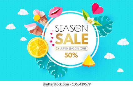 Summer Sale Layout Design Template. Paper Art. Season Offer with Circle Banner, Citrus, Plumeria, Icecream, Lips, Clouds, Pineapple and Monstera on Colorful Bright Background. Vector illustration