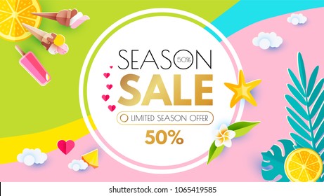 Summer Sale Layout Design Template. Paper Art. Season Offer with Circle Banner, Citrus, Plumeria, Starfish, Icecreams, Hearts, Clouds, Palm and Monstera on Bright Background. Vector illustration