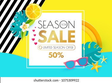 Summer Sale Layout Design Template. Paper Art. Season Offer with Citrus, Starfish, Sunglasses, Plumeria, Monstera Leaves, Heart, Clouds and Decorative Lines on Colorful Background. Vector illustration