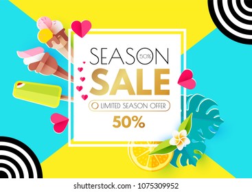 Summer Sale Layout Design Template. Paper Art. Season Offer with Square Banner, Icecream, Hearts, Plumeria, Monstera Leaves, Citrus and Decirative Circles on Bright Background. Vector illustration