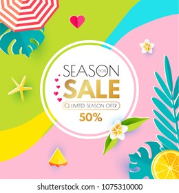 Summer Sale Layout Design Template. Paper Art. Season Offer with Circle Banner, Citrus, Plumeria, Starfish, Icecreams, Hearts, Clouds, Palm and Monstera and Umbrella. Vector illustration