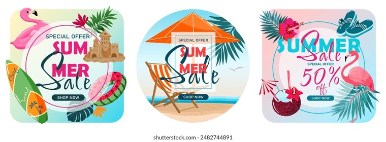 Summer Sale Layout Set. Stickers and labels in circle and rectangle shapes with beach, flamingo, sandcastle, tropical flowers and special offer text.